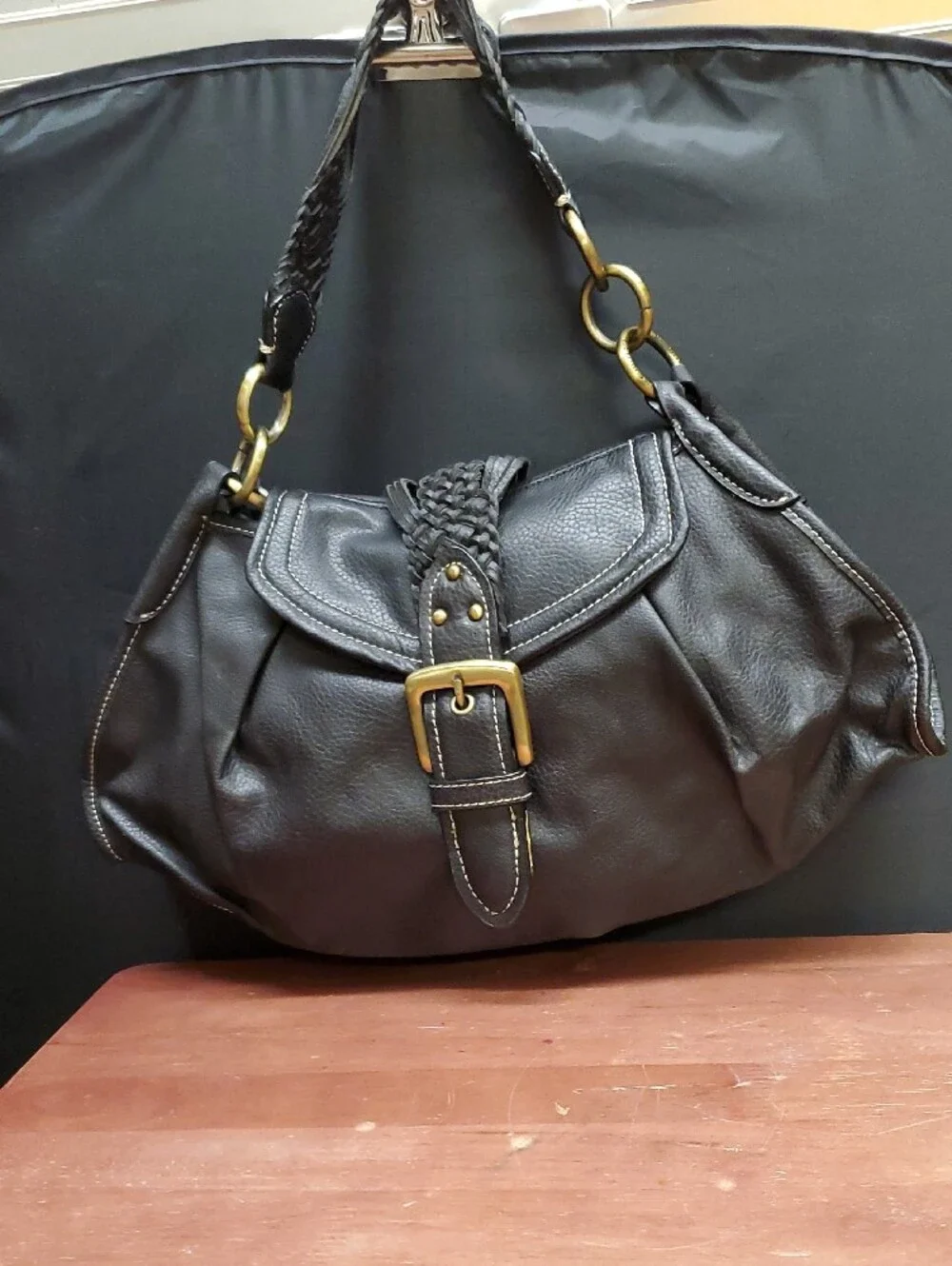 Vintage Tommy Hilfiger Black Leather Hobo Bag with Braided Strap